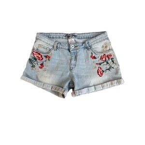 Blue Epic Women’s Light Wash Flower Embroidered Denim Shorts Size‎ 12